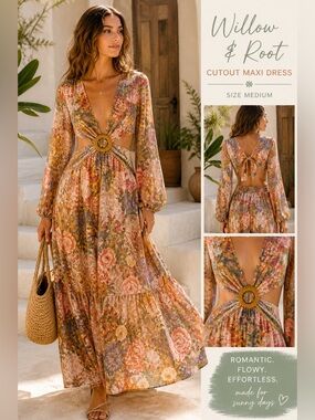 Willow & Root Floral Cutout Maxi Dress Set Boho Ring Waist Tie Back Medium